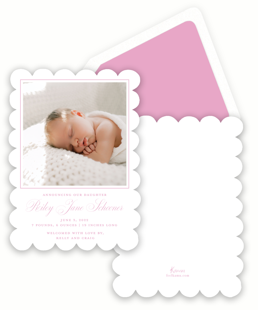 White Scalloped Pink Text Birth Announcement